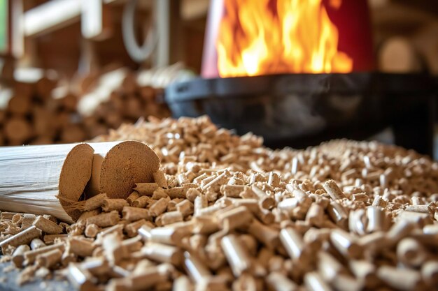 Foto holzpellets aus biomasse mit feuerkochen-hintergrund