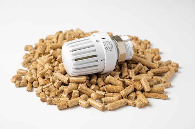 Holzpellets mit Thermostat Thermostatventilkopf isoliert auf weißem Hintergrund Erneuerbare Heizquelle Biokraftstoff Ökologischer Kraftstoff aus Biomasse Die Alternative Energiequelle Gaskrise