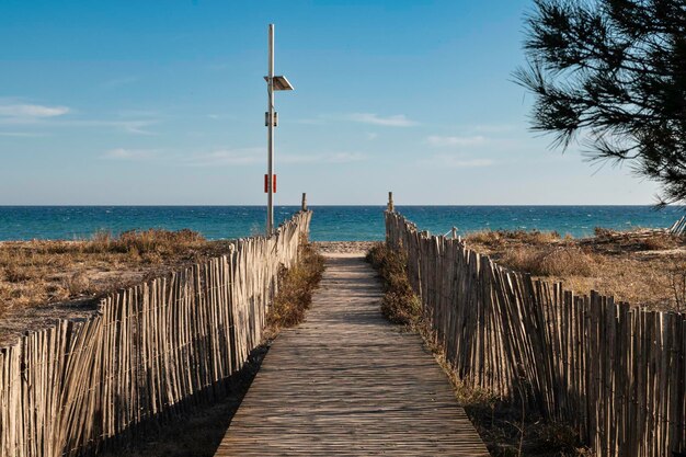 Holzpfadbrücke, die zum Strand führt, in den geschützten Naturschutzgebieten des Llobregat-Deltas
