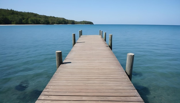 Holzpfeiler, der in ruhiges blaues Wasser führt