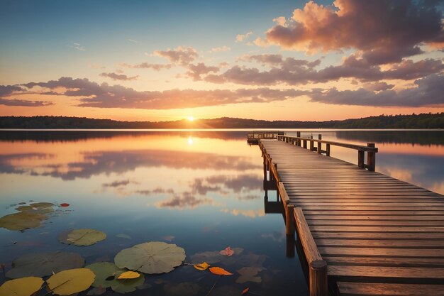 Holzpier am See bei wunderschönem Sonnenuntergang Naturkomposition