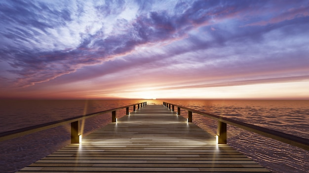 Holzpier entlang Sonnenuntergang zum Meer