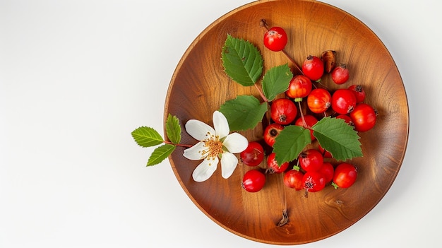 Holzplatt mit frischen Rosenkranzbeeren und Blumen