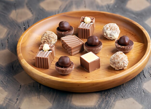 Holzplatt mit gesunden Handwerksnahrungsmitteln, natürlichen Süßigkeiten und Mini-Schokolade, süßes Essen, gesundes Dessert