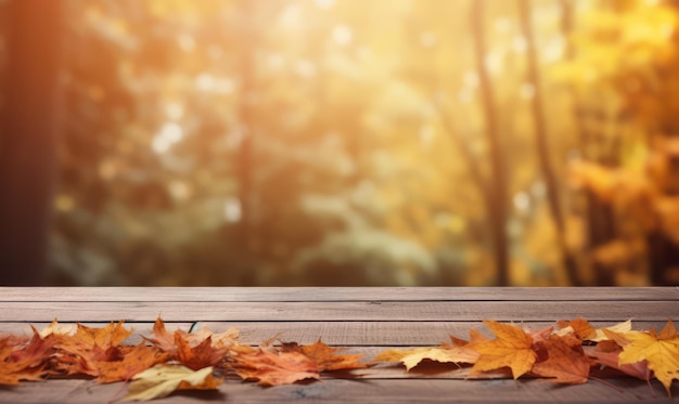 Holzplatte mit gefallenen Herbstblättern im Herbstwald