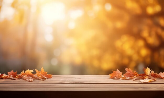 Holzplatte mit gefallenen Herbstblättern im Herbstwald
