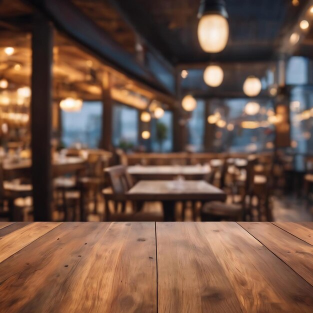 Foto holzplatten mit verschwommenem restaurant-hintergrund