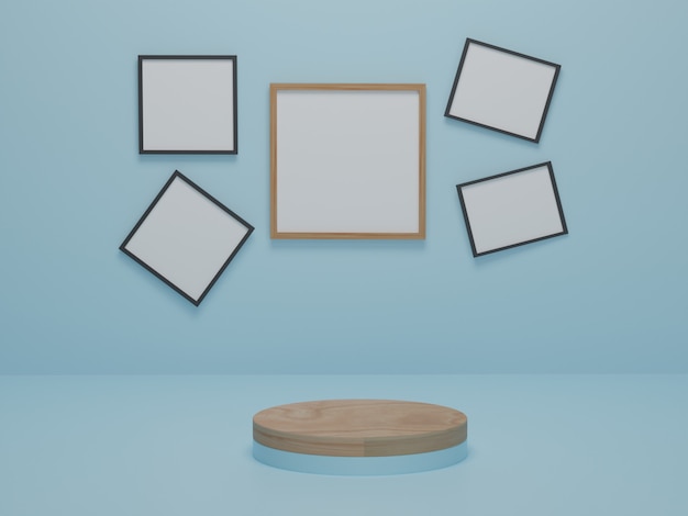 Holzpodest der geometrischen Form auf blauem Hintergrund. Plattformen für die Produktpräsentation, Mock-up-Bilderrahmenhintergrund. Abstrakte Komposition in minimalistischem Design. 3D-Rendering.