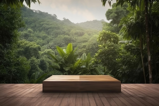Holzpodest im tropischen Wald zur Produktpräsentation, KI generiert