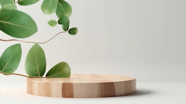 Holzpodest mit grünen Blättern und Natursteinen Hintergrund für Kosmetikprodukte in natürlicher Farbe Generative Ai