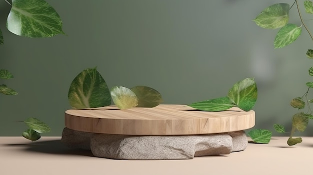 Holzpodest mit grünen Blättern und Natursteinen Hintergrund für Kosmetikprodukte in natürlicher Farbe Generative Ai