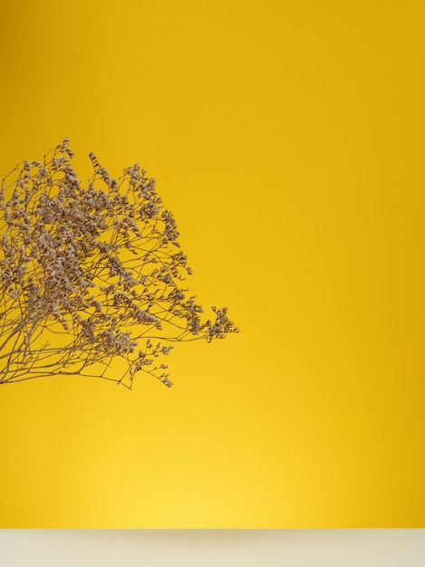 Holzpodest zur Präsentation von Kosmetika und anderen Gegenständen, gelber Hintergrund mit trockenen Wildblumen und Schatten