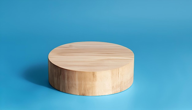 Holzpodest zur Produktpräsentation mit blauem Hintergrund