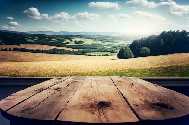 Holzpodium Alter Bretttisch Produktanzeigetisch Holzpodium vor Berglandschaft Berg natürlicher Hintergrund ai generativ