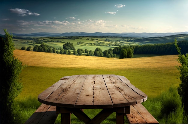 Holzpodium Alter Bretttisch Produktanzeigetisch Holzpodium vor Berglandschaft Berg natürlicher Hintergrund ai generativ