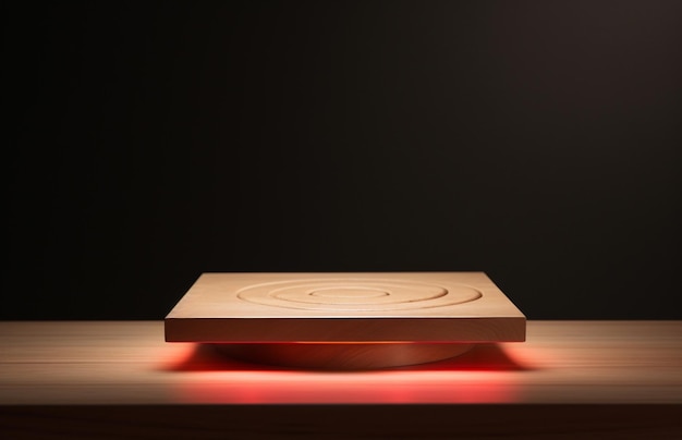 Holzpodium auf Holztisch und dunkler Hintergrund 3D-Rendering