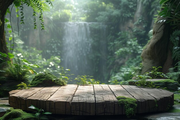 Holzpodium auf Regenwald-Hintergrund mit großen Wasserfällen hinter Sommer-Dschungel-Paradies-Konzept