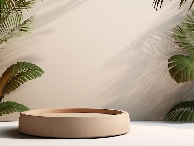 Holzpodium mit Blättern für die Produktpräsentation Hintergrund 3D-Rendering