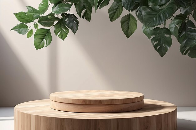 Holzpodium mit Blättern und Schatten Realistische Holzplattform für die Produktpräsentation