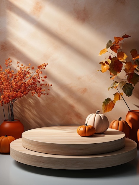 Holzpodium mit Kürbissen und Herbstblättern im Hintergrund