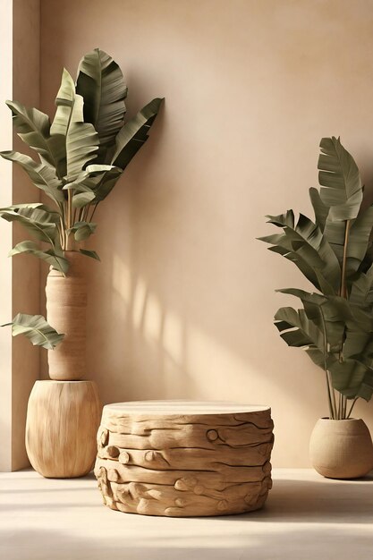 Holzpodium mit tropischen Pflanzen in Töpfen auf beigefarbenem Wandhintergrund