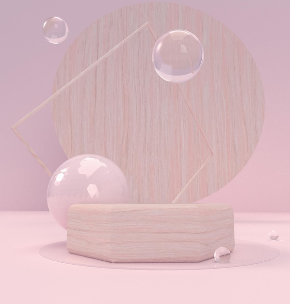 Holzpodium mit Wasserblasen auf pastellfarbenem Hintergrund, um kosmetische Produkte 3D-Rendering zu zeigen