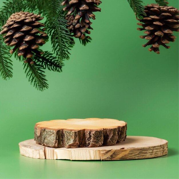 Foto holzpodium mit zweigen aus grüner fichte und kegel auf grünem hintergrund konzeptszene