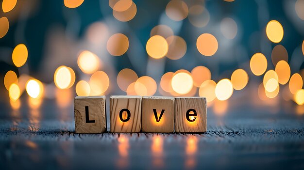 Holzquadrate mit der Aufschrift „Liebe“ und Bokeh-Lichtern im Hintergrund