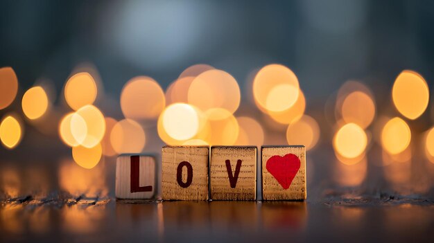 Foto holzquadrate mit der aufschrift „liebe“ und bokeh-lichtern im hintergrund