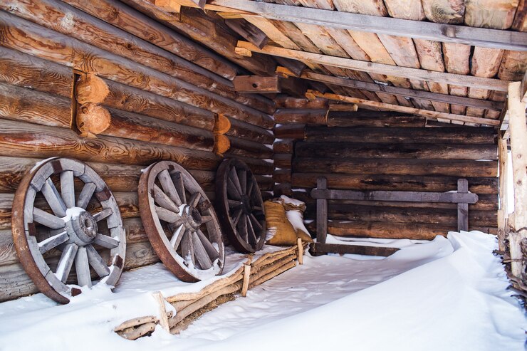 Foto holzräder mit eisenfelge in holzscheune.