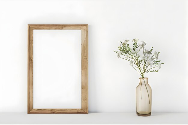 Holzrahmen und frische Blumen auf einem Tisch, um ein elegantes und stilvolles Stockfoto für den Einsatz im Mode zu liefern