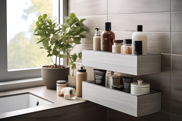 Holzregal mit Kosmetikprodukten im Badezimmer Innenarchitektur
