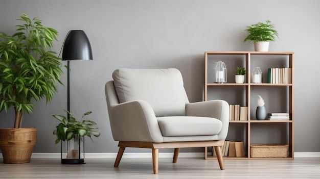 Holzregal und grauer Sessel Innenarchitektur eines modernen Wohnzimmers