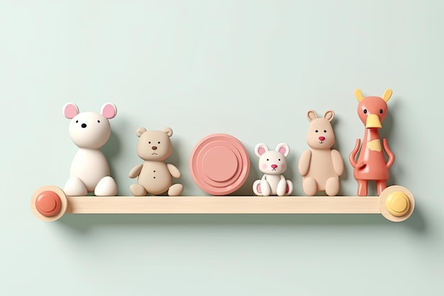 Holzregale mit Spielzeug auf farbigem Wandhintergrund, Kindertagskonzept