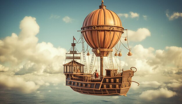 Foto holzschiff, das durch die wolken fliegt, mit segeln, die wie ein heißluftballon aufgeblasen sind