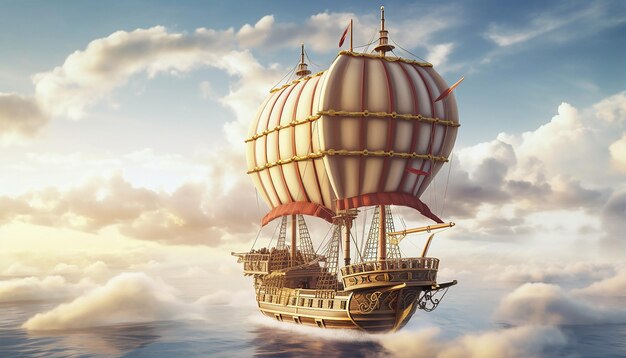 Holzschiff, das durch die Wolken fliegt, mit Segeln, die wie ein Heißluftballon aufgeblasen sind