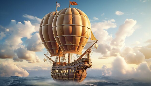 Foto holzschiff, das durch die wolken fliegt, mit segeln, die wie ein heißluftballon aufgeblasen sind