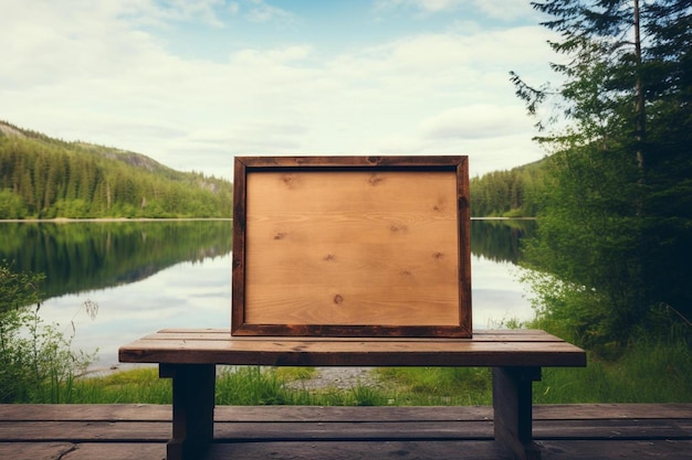 Holzschild auf einem Dock mit einem See im Hintergrund