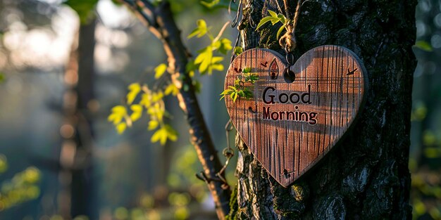 Foto holzschild in form eines herzens, das am stamm eines baumes mit dem text 