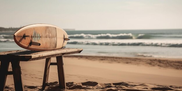 Holzschild mit Kopierbereich vor blauem Himmel und Meer mit Wellenhintergrund Leeres Holzschild