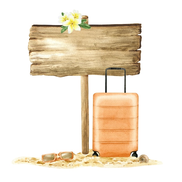 Foto holzschilder holztafel mit plumeriablüten und -blättern, reisekoffer und sonnenbrille