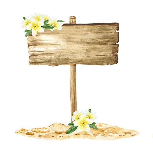 Holzschilder Holztafel mit tropischen Plumeriablüten und Blättern, Schild mit Frangipani