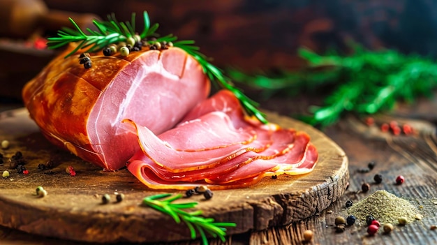 Holzschneidbrett mit verschiedenen Fleischsorten Eine köstliche Ausstellung von Jamon und Schinken aus der Landwirtschaft