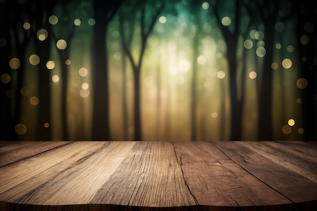 Holzschneidebrett auf Holztisch für stehendes Produkt gegen Naturlandschaft ai generativ