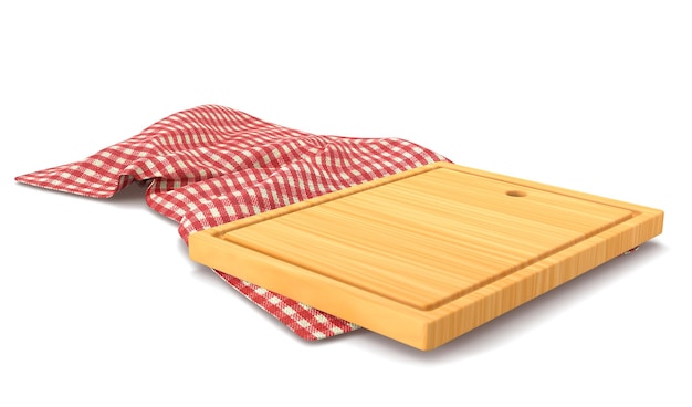 Holzschneidebrett auf rot kariertem Handtuch 3D-Rendering Rechteckiges Holztablett und karierte Tischdecke mit Falten und Gingham-Muster natürliche Küchenplanke für geschnittene Speisen auf weißem Hintergrund