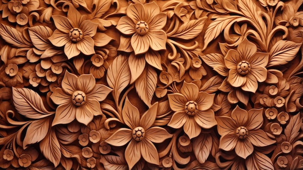 Holzschnitzerei mit Blumenhintergrund