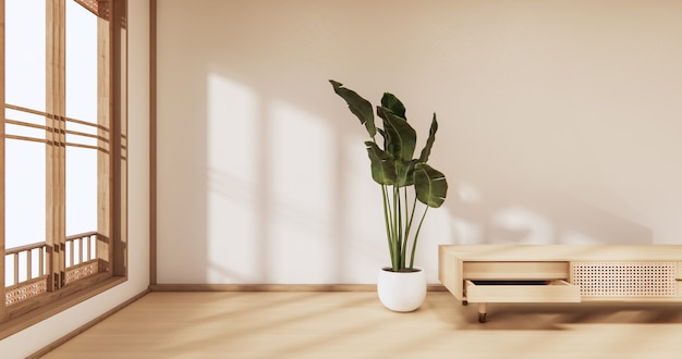Holzschrank im modernen leeren Raum und in der weißen Wand auf weißem Bodenraum im japanischen Stil