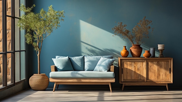 Holzschrank neben einem blauen Sessel im gemütlichen Wohnzimmerinterieur mit beige Sofa