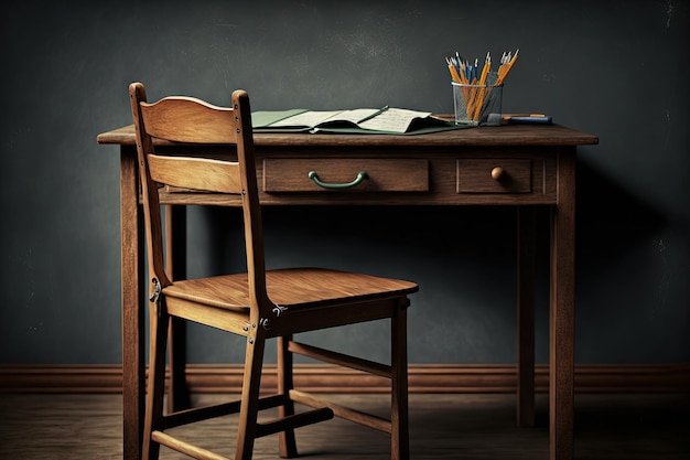 Holzschreibtisch mit Schreibwaren und Stuhl im Unterricht an der Tafel