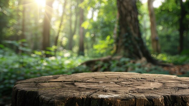 Holzschreibtisch oder Stumpf in grünem Waldhintergrund für die Ausstellung rustikaler Produkte